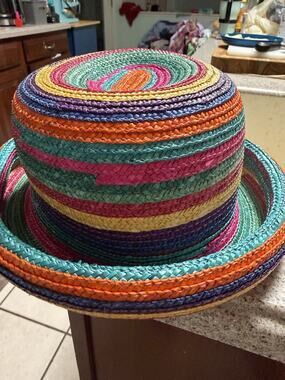 90s Y2k Vintage Multi-Colored Straw Hat - Vibrant Rainbow Colored Striped